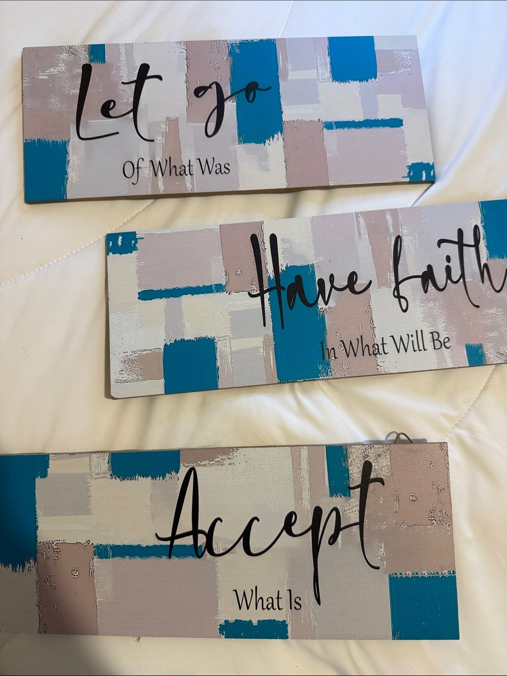 Let Go / Have Faith / Accept Wall Plaque Trio - Teal & Blush Abstract Signs